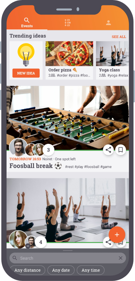 Screenshot of the meestory app showing ideas and upcoming events