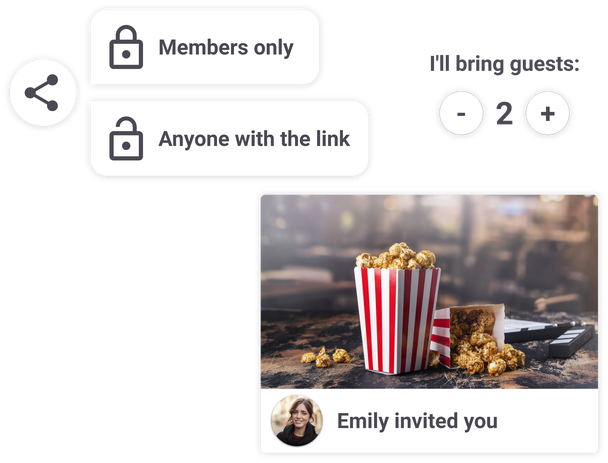 Multiple screenshots from Meestory. First showing in-app features to share a public link and add guests at event application. Second showing an invitation with the inviters image and name.