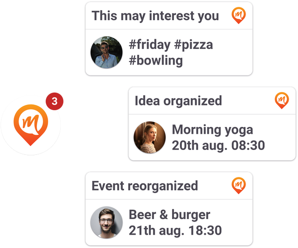 Multiple screenshots from Meestory showing event recommendation, new idea and event reorganization notification.