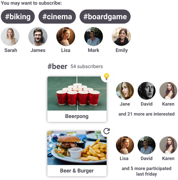 Multiple screenshots from Meestory. First showing hashtag and user recommendations to subscribe. Second showing hashtag and idea recommendation for event organization with potential participant count and highlighted users who would probably attend.