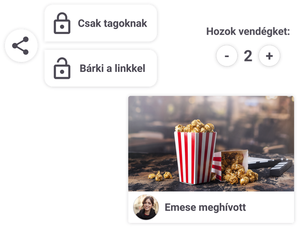 Multiple screenshots from Meestory. First showing in-app features to share a public link and add guests at event application. Second showing an invitation with the inviters image and name.