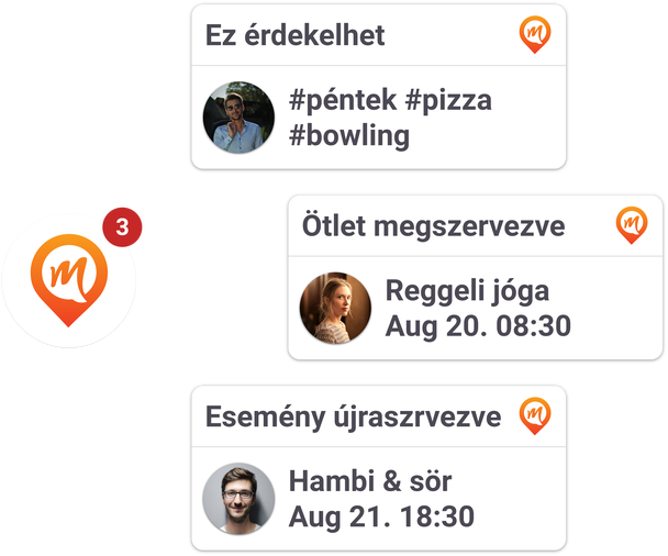 Multiple screenshots from Meestory showing event recommendation, new idea and event reorganization notification.