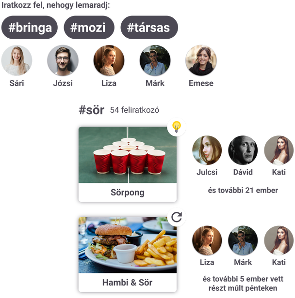 Multiple screenshots from Meestory. First showing hashtag and user recommendations to subscribe. Second showing hashtag and idea recommendation for event organization with potential participant count and highlighted users who would probably attend.